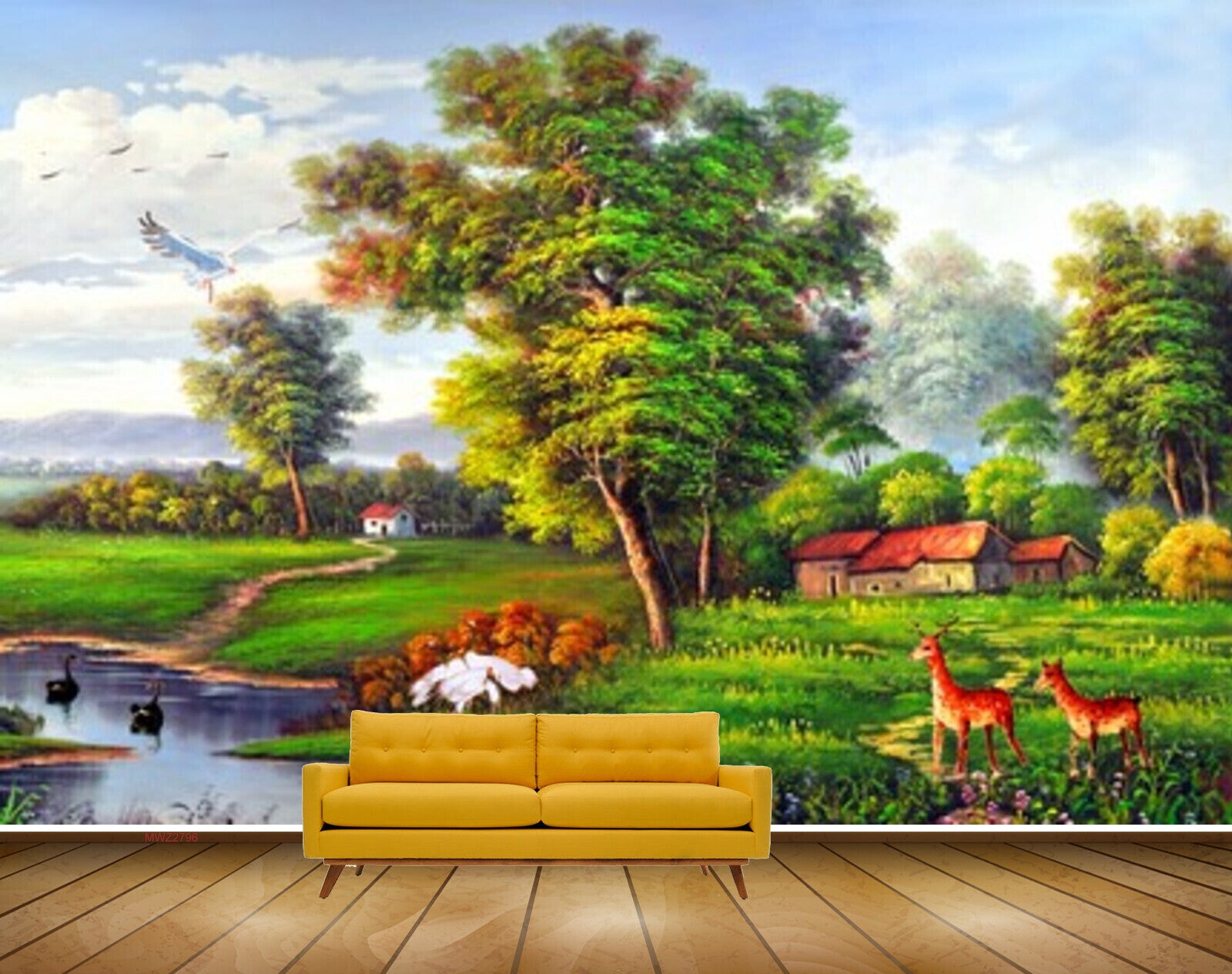 Avikalp MWZ2796 Trees Deer Houses Lake Grass Ducks Cranes Clouds Flowers Plants Painting HD Wallpaper