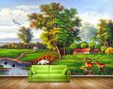 Avikalp MWZ2796 Trees Deer Houses Lake Grass Ducks Cranes Clouds Flowers Plants Painting HD Wallpaper