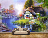 Avikalp MWZ2797 Houses Pond Trees Flowers Swans Plants Grass Stones Painting HD Wallpaper