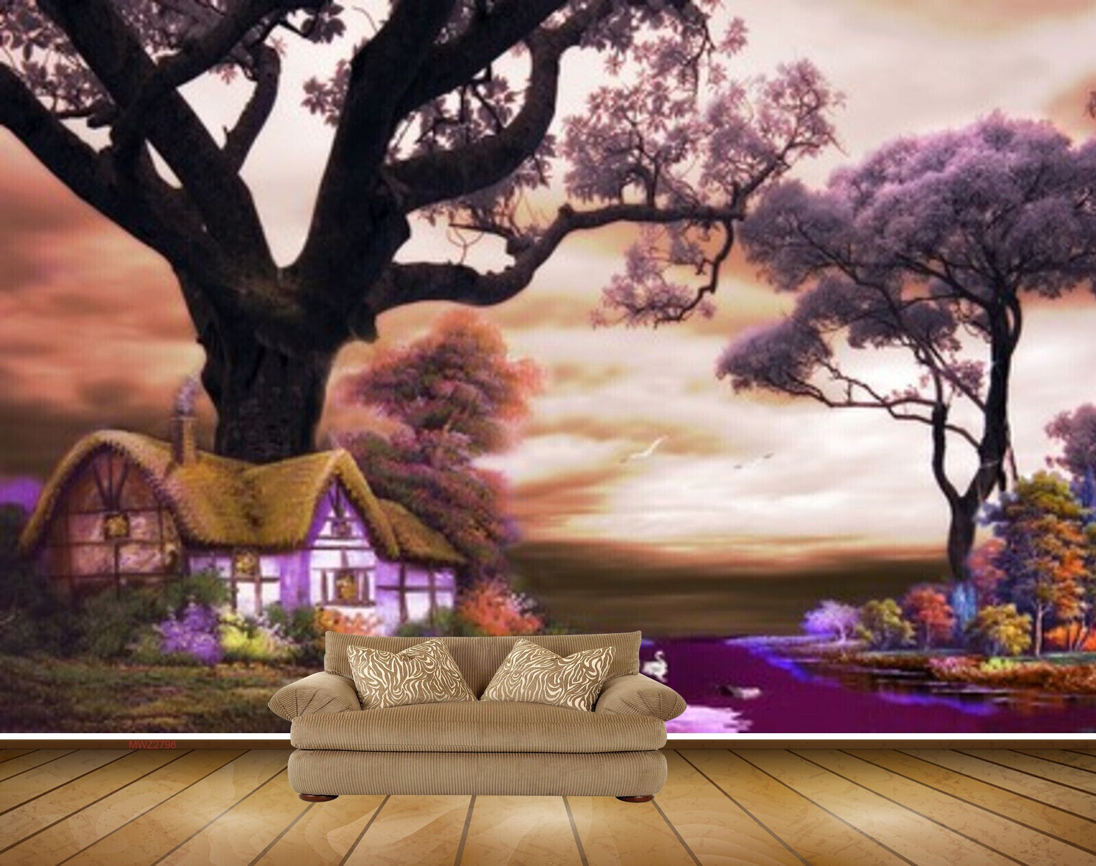 Avikalp MWZ2798 Trees House Birds Sky Purple Leaves Ducks River Pond Water Grass Painting HD Wallpaper