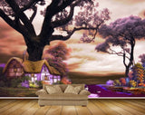Avikalp MWZ2798 Trees House Birds Sky Purple Leaves Ducks River Pond Water Grass Painting HD Wallpaper