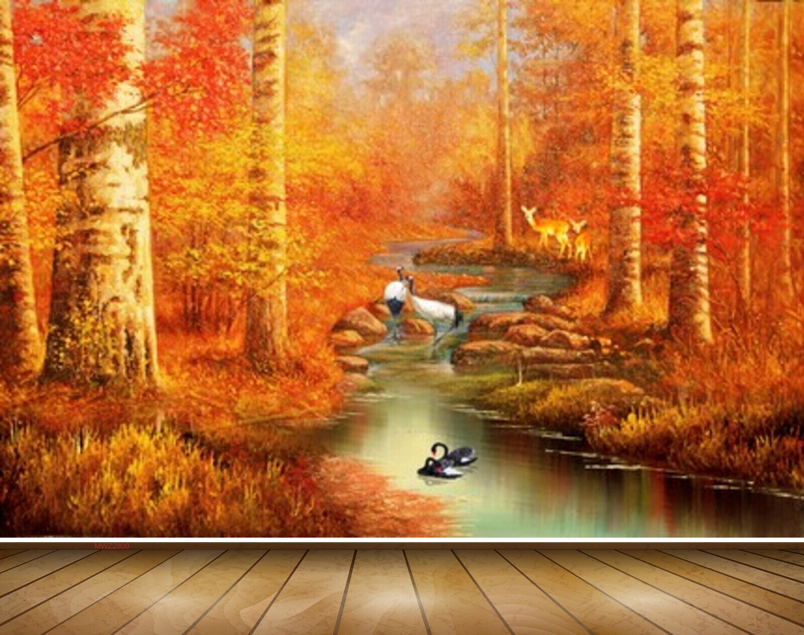 Avikalp MWZ2800 Trees Orange Leaves Stems Deers Cranes Stones River Pond Water Painting HD Wallpaper