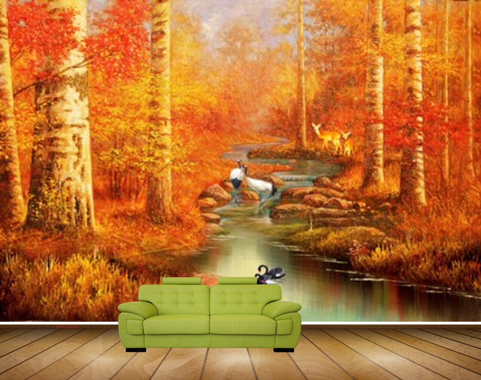 Avikalp MWZ2800 Trees Orange Leaves Stems Deers Cranes Stones River Pond Water Painting HD Wallpaper