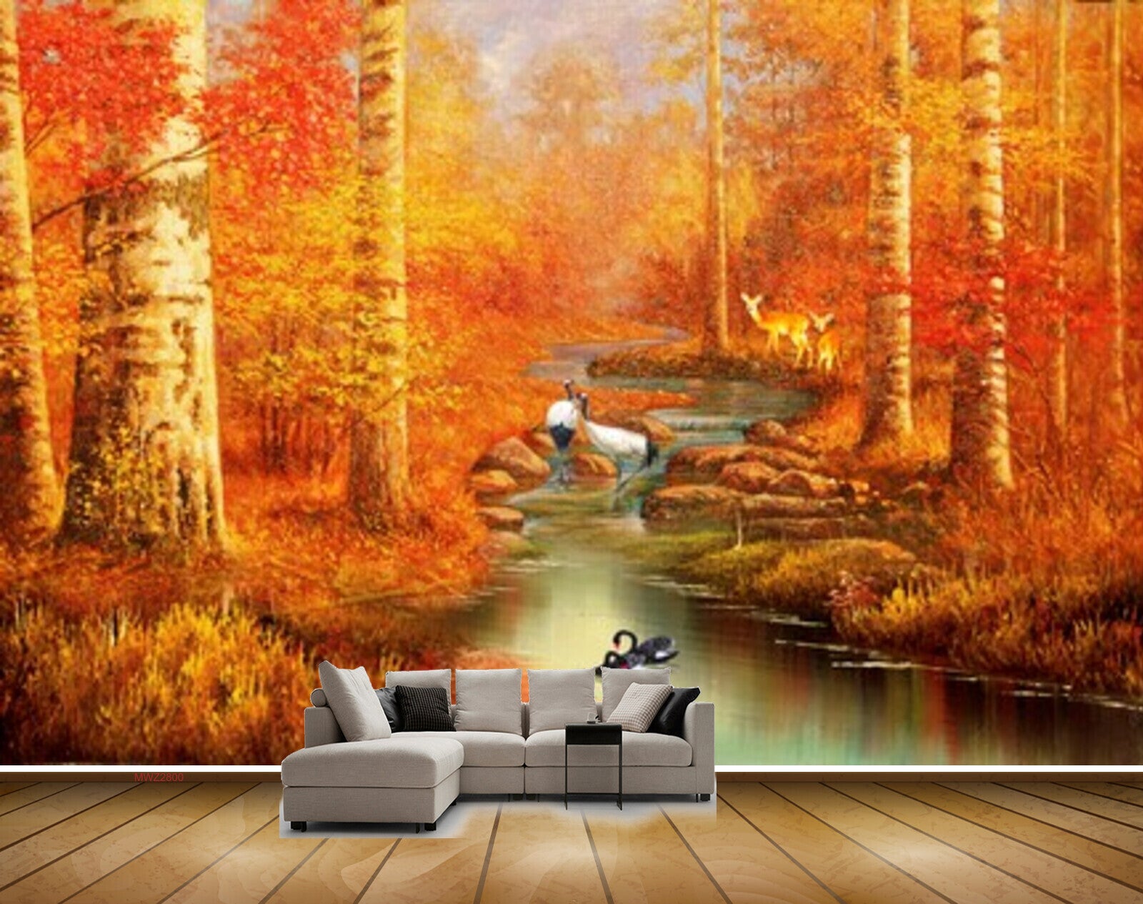 Avikalp MWZ2800 Trees Orange Leaves Stems Deers Cranes Stones River Pond Water Painting HD Wallpaper