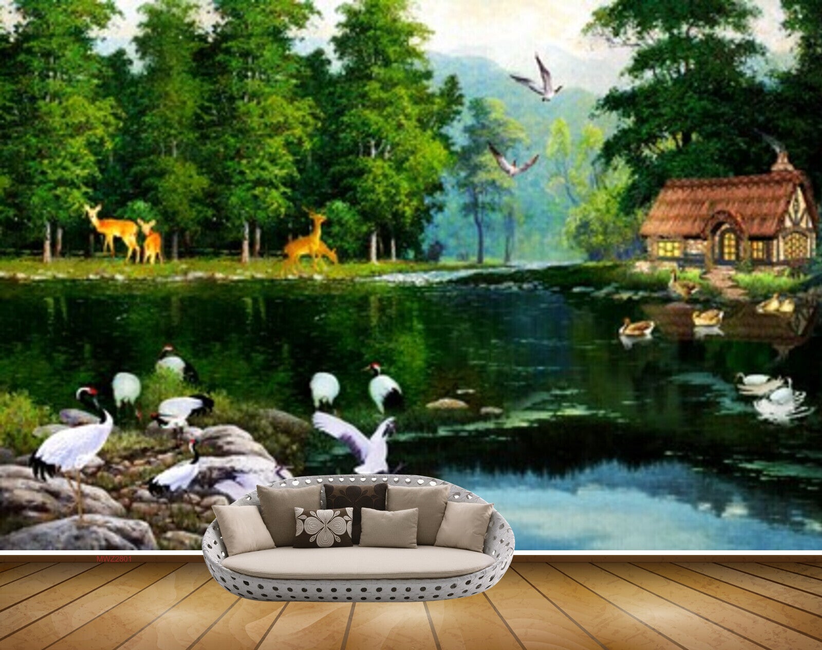 Avikalp MWZ2801 Trees Deers River Lake Pond Water Cranes House Grass Birds Ducks Stones Painting HD Wallpaper