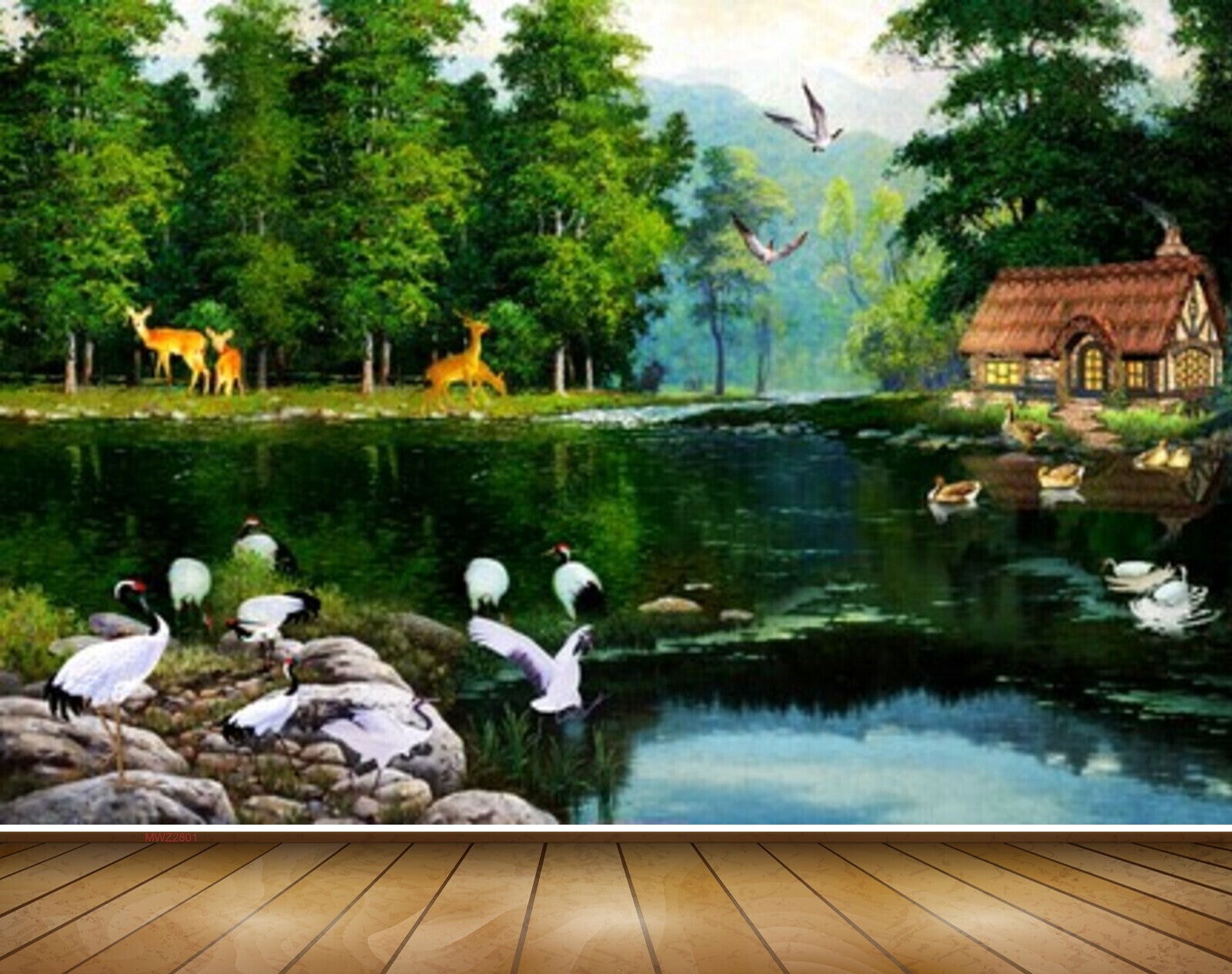 Avikalp MWZ2801 Trees Deers River Lake Pond Water Cranes House Grass Birds Ducks Stones Painting HD Wallpaper