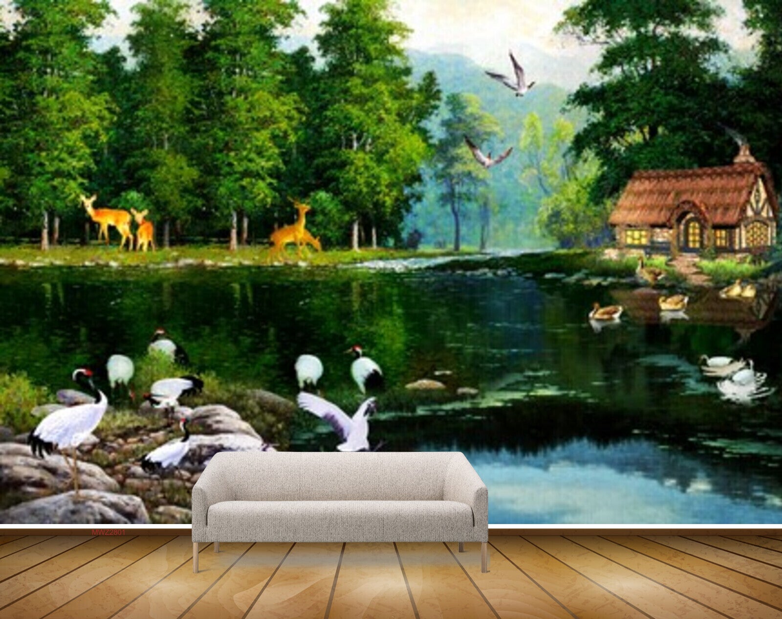 Avikalp MWZ2801 Trees Deers River Lake Pond Water Cranes House Grass Birds Ducks Stones Painting HD Wallpaper