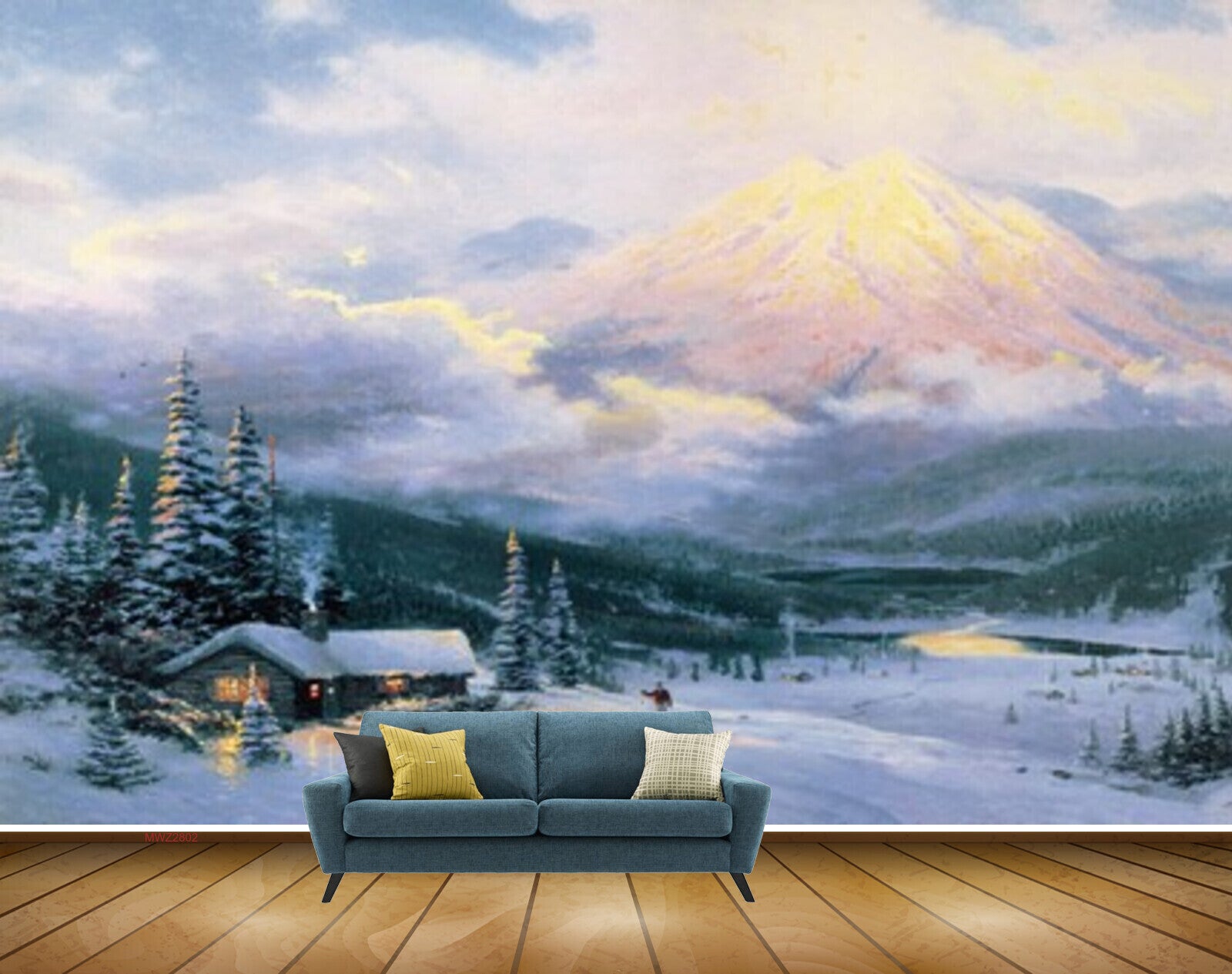 Avikalp MWZ2802 Sky Mountains Trees Houses Man Clouds Snow Road Painting HD Wallpaper