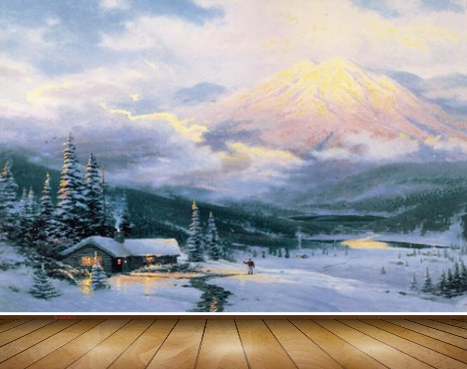 Avikalp MWZ2802 Sky Mountains Trees Houses Man Clouds Snow Road Painting HD Wallpaper