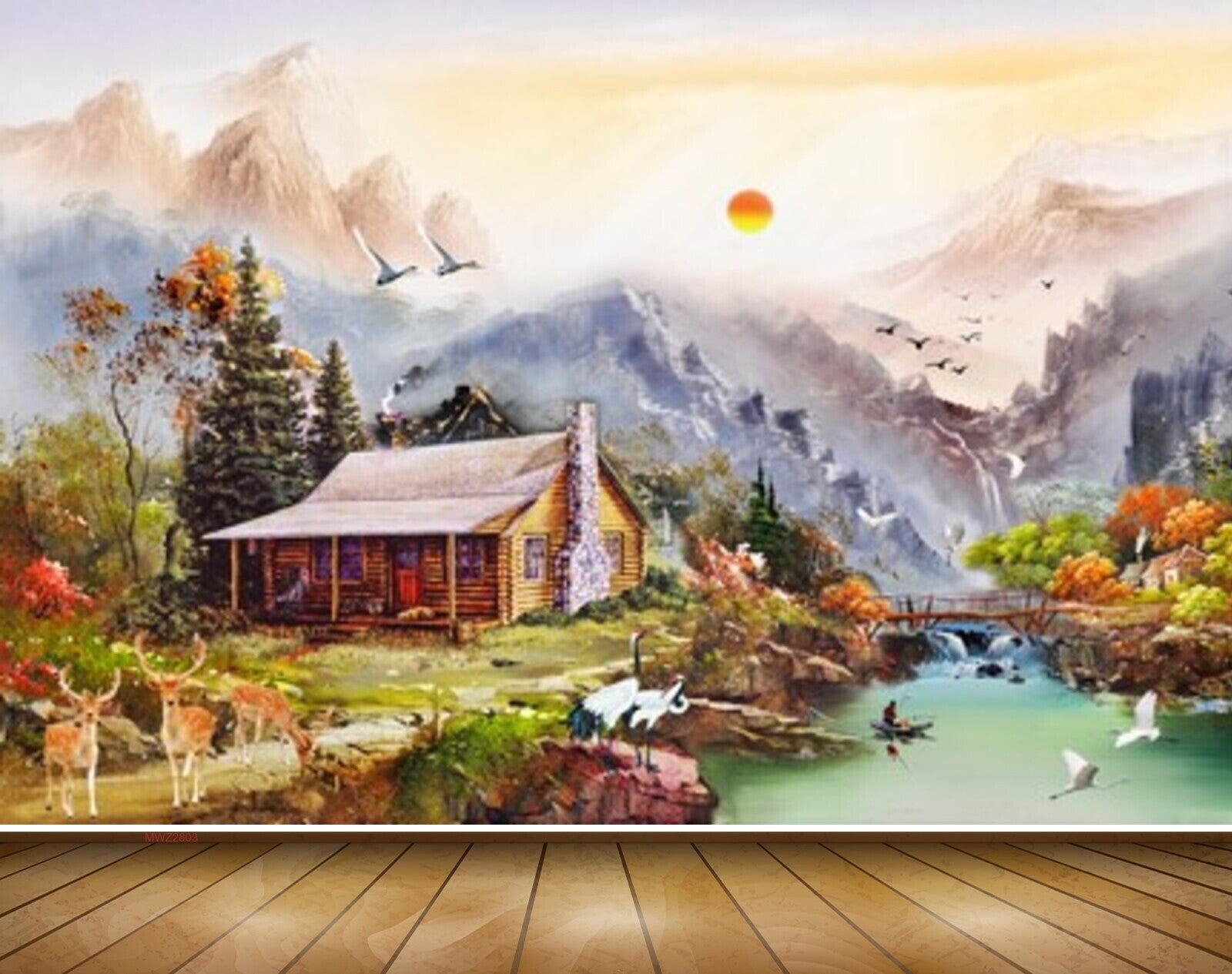 Avikalp MWZ2803 Sun Birds Houses Lake Pond Water Deers Cranes Trees Flowers Boat Mountains Grass Painting HD Wallpaper