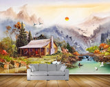 Avikalp MWZ2803 Sun Birds Houses Lake Pond Water Deers Cranes Trees Flowers Boat Mountains Grass Painting HD Wallpaper