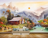 Avikalp MWZ2803 Sun Birds Houses Lake Pond Water Deers Cranes Trees Flowers Boat Mountains Grass Painting HD Wallpaper