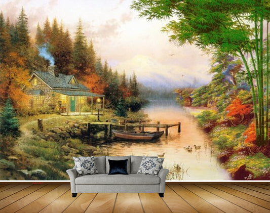Avikalp MWZ2807 Bamboo Trees House Ducks Boat Grass Wooden Mountains Stones Painting HD Wallpaper