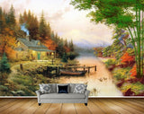 Avikalp MWZ2807 Bamboo Trees House Ducks Boat Grass Wooden Mountains Stones Painting HD Wallpaper