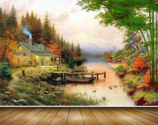Avikalp MWZ2807 Bamboo Trees House Ducks Boat Grass Wooden Mountains Stones Painting HD Wallpaper