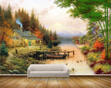 Avikalp MWZ2807 Bamboo Trees House Ducks Boat Grass Wooden Mountains Stones Painting HD Wallpaper