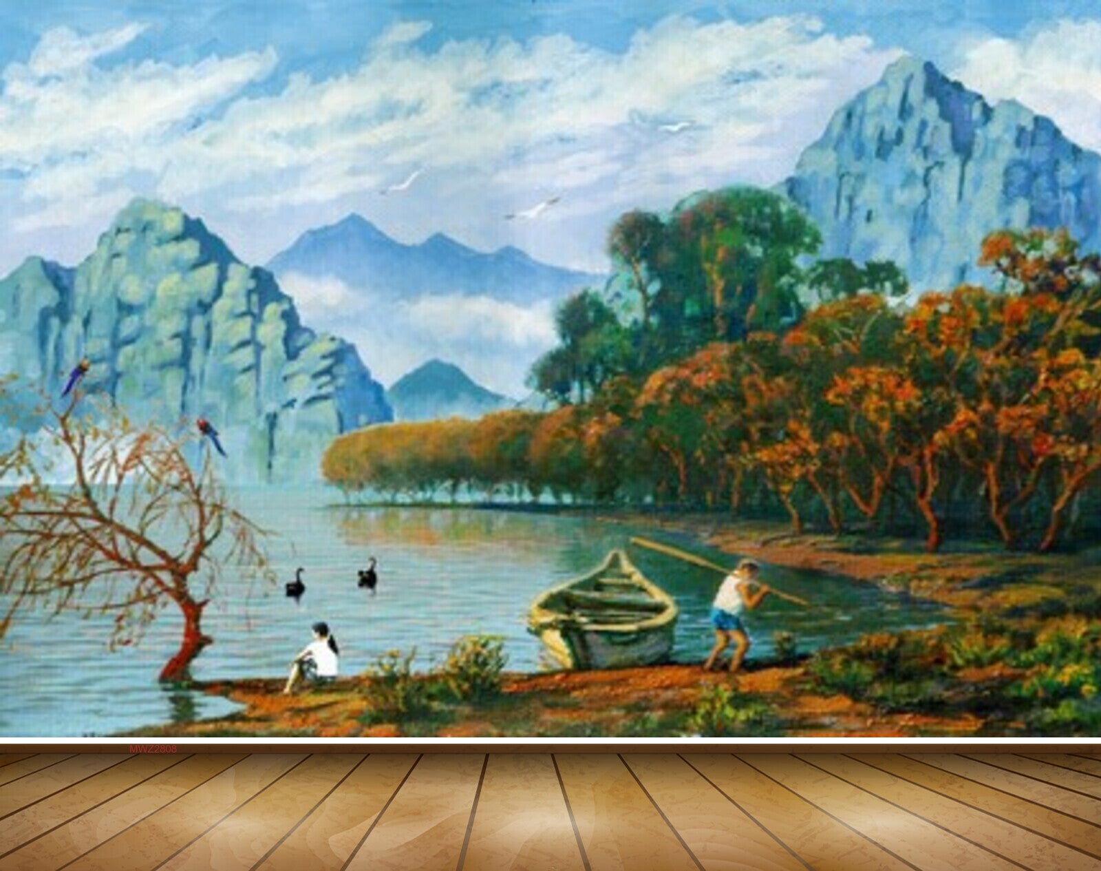 Avikalp MWZ2808 Clouds Mountains Trees Water Lake Boat Cranes Man Girls People Painting HD Wallpaper