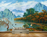 Avikalp MWZ2808 Clouds Mountains Trees Water Lake Boat Cranes Man Girls People Painting HD Wallpaper