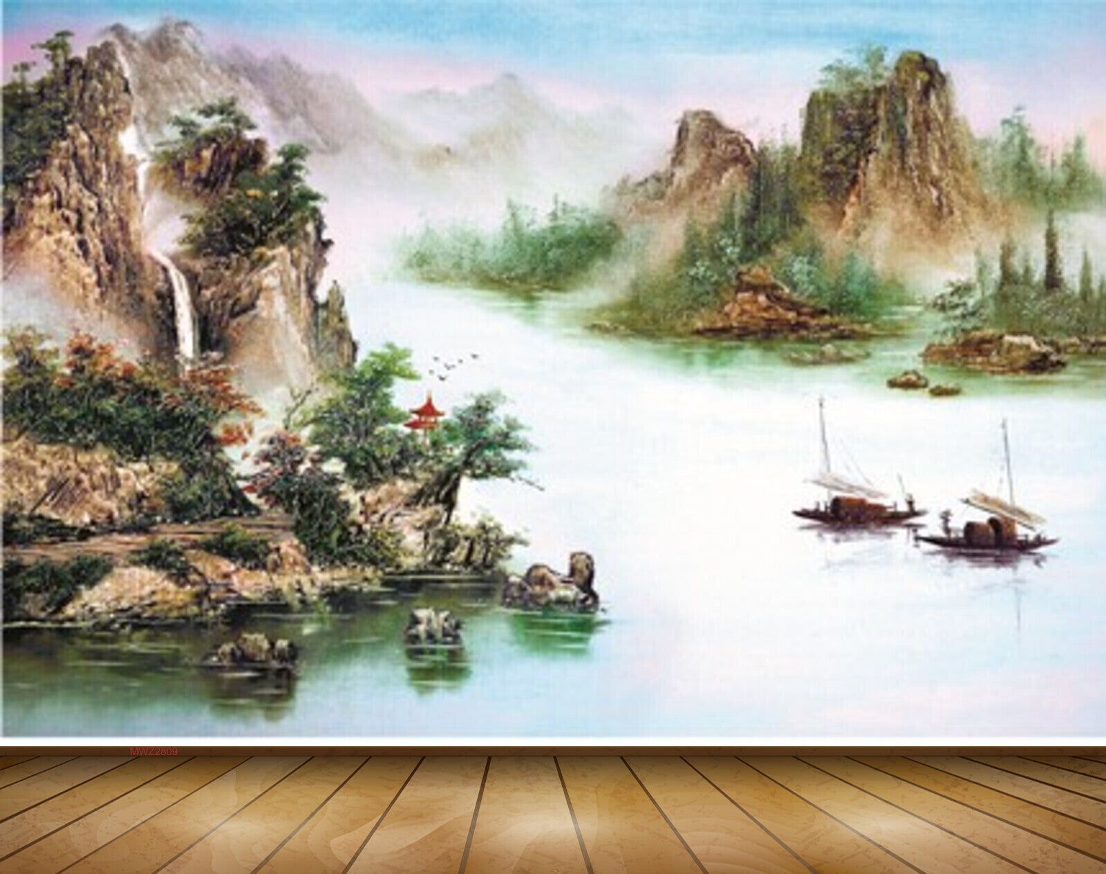 Avikalp MWZ2809 Mountains Boats Lake River Water Trees Stones Painting HD Wallpaper