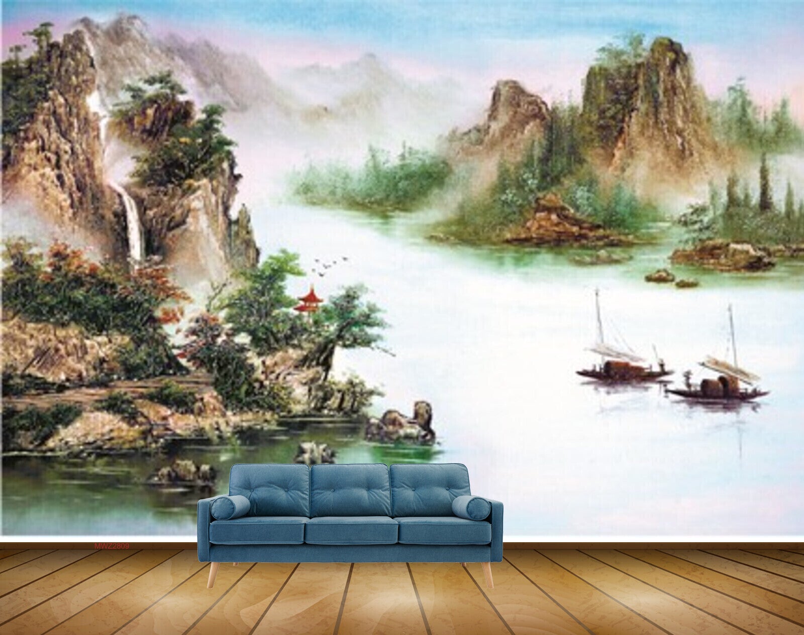 Avikalp MWZ2809 Mountains Boats Lake River Water Trees Stones Painting HD Wallpaper