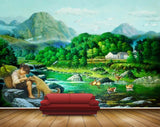 Avikalp MWZ2810 Mountains People Girl Dog Trees Ducks Sky Houses Stones River Pond Water Ducks Painting HD Wallpaper