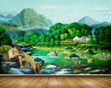 Avikalp MWZ2810 Mountains People Girl Dog Trees Ducks Sky Houses Stones River Pond Water Ducks Painting HD Wallpaper