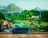 Avikalp MWZ2810 Mountains People Girl Dog Trees Ducks Sky Houses Stones River Pond Water Ducks Painting HD Wallpaper