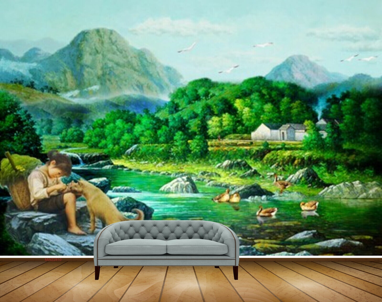 Avikalp MWZ2810 Mountains People Girl Dog Trees Ducks Sky Houses Stones River Pond Water Ducks Painting HD Wallpaper