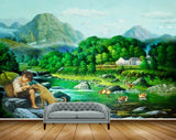 Avikalp MWZ2810 Mountains People Girl Dog Trees Ducks Sky Houses Stones River Pond Water Ducks Painting HD Wallpaper