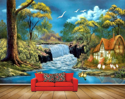 Avikalp MWZ2811 Waterfalls Trees Houses Lake River Pond Water Birds Cocks Duck Grass Painting HD Wallpaper