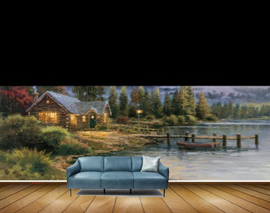 Avikalp MWZ2812 Clouds Trees House Lake Water Mountains Wooden Boat Grass Plants Painting HD Wallpaper