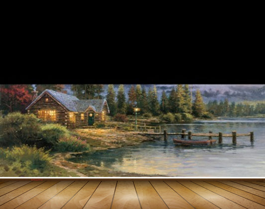 Avikalp MWZ2812 Clouds Trees House Lake Water Mountains Wooden Boat Grass Plants Painting HD Wallpaper