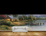 Avikalp MWZ2812 Clouds Trees House Lake Water Mountains Wooden Boat Grass Plants Painting HD Wallpaper