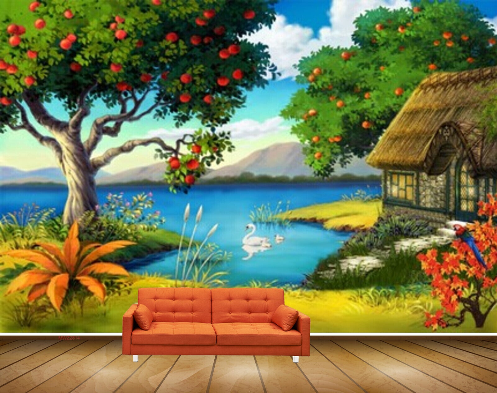 Avikalp MWZ2814 Clouds Mountains Trees Apples Houses Duck Lake Water Grass Flowers Plants Painting HD Wallpaper