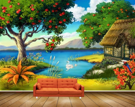 Avikalp MWZ2814 Clouds Mountains Trees Apples Houses Duck Lake Water Grass Flowers Plants Painting HD Wallpaper