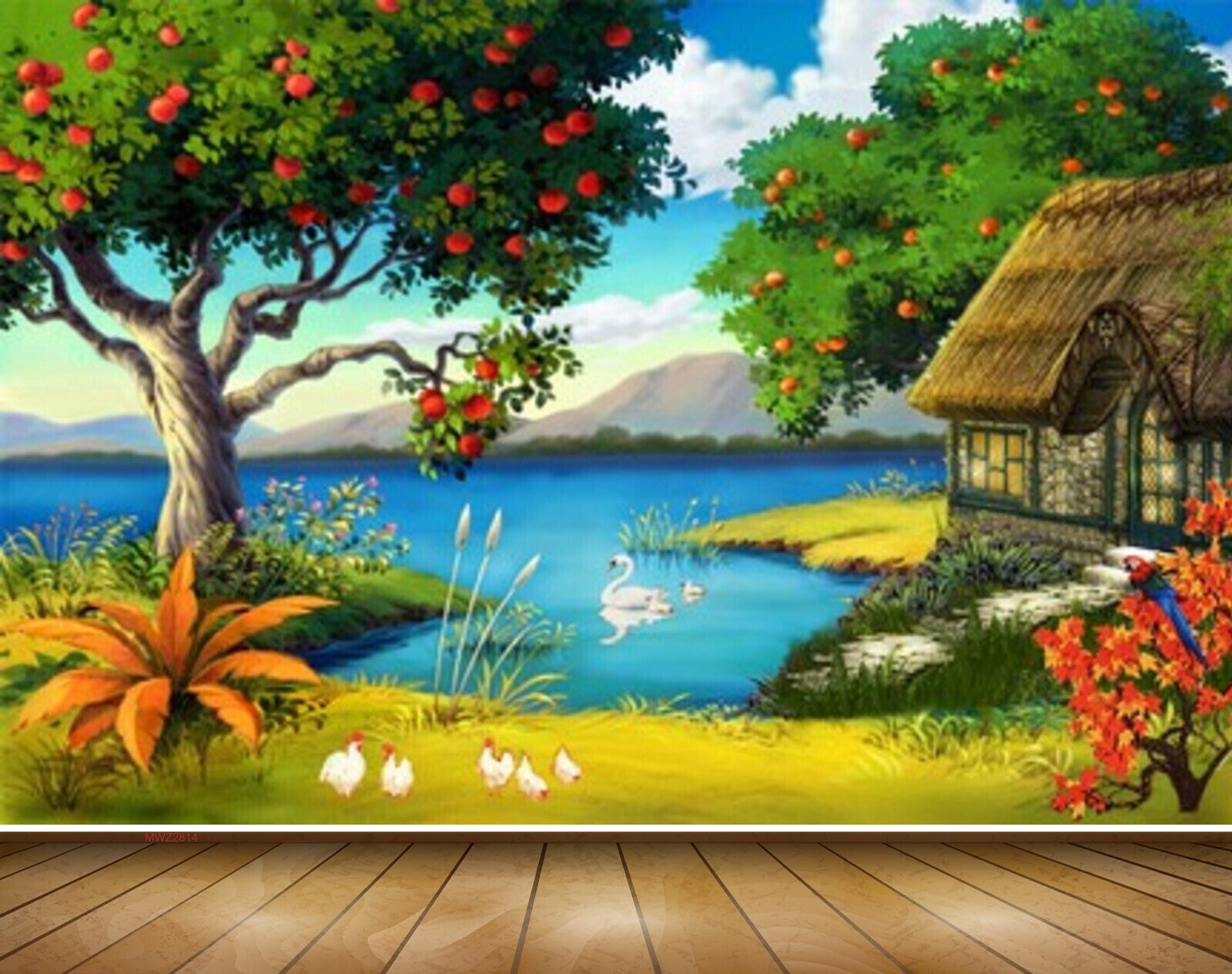 Avikalp MWZ2814 Clouds Mountains Trees Apples Houses Duck Lake Water Grass Flowers Plants Painting HD Wallpaper