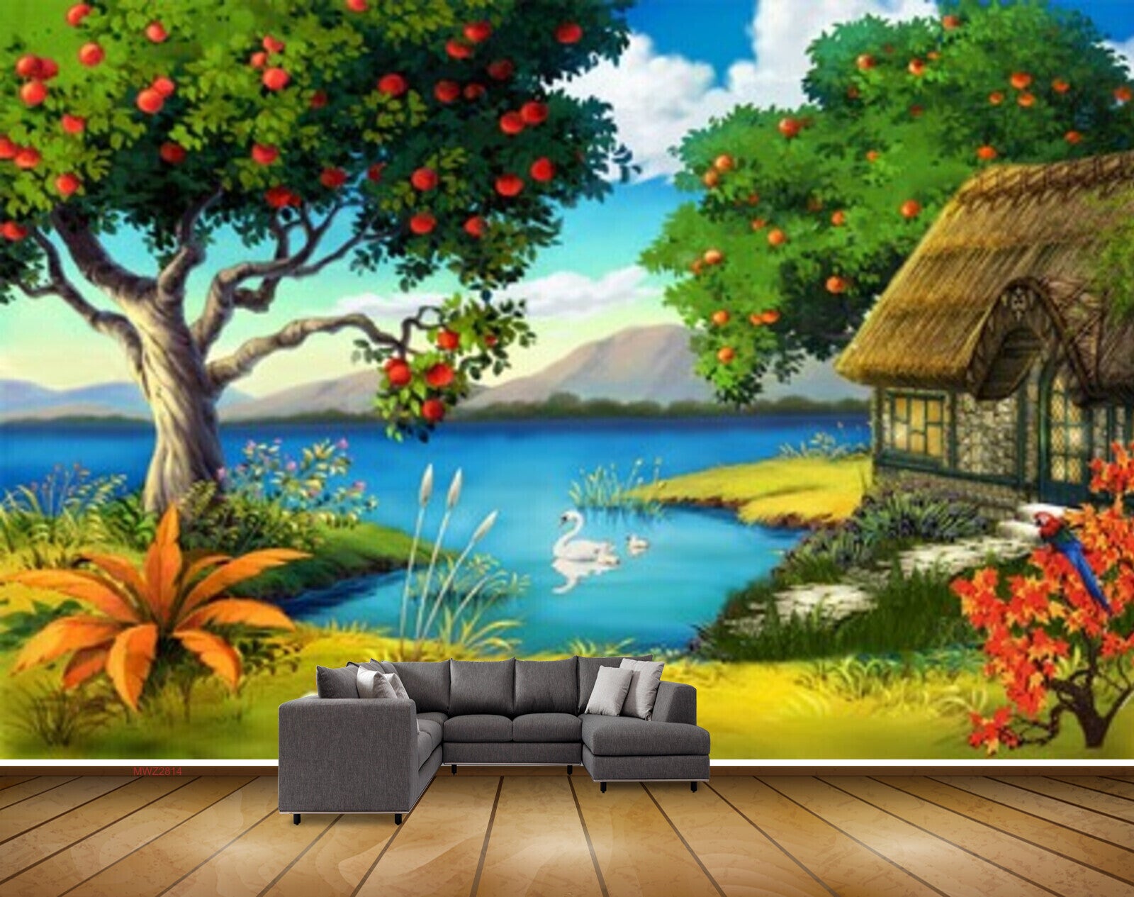 Avikalp MWZ2814 Clouds Mountains Trees Apples Houses Duck Lake Water Grass Flowers Plants Painting HD Wallpaper