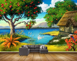 Avikalp MWZ2814 Clouds Mountains Trees Apples Houses Duck Lake Water Grass Flowers Plants Painting HD Wallpaper