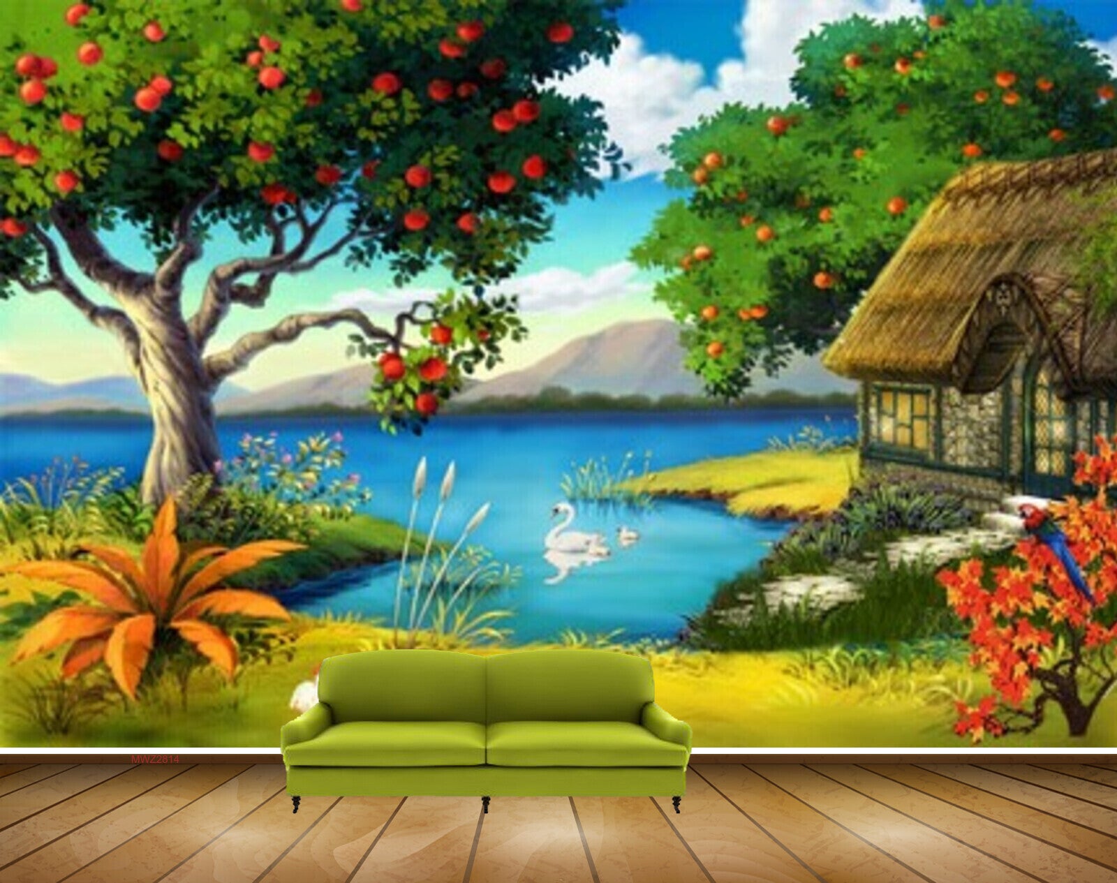 Avikalp MWZ2814 Clouds Mountains Trees Apples Houses Duck Lake Water Grass Flowers Plants Painting HD Wallpaper