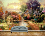 Avikalp MWZ2816 Houses Birds Trees Lake Pond Water Ducks Flowers Off Road Grass Garden Clouds Stones Painting HD Wallpaper