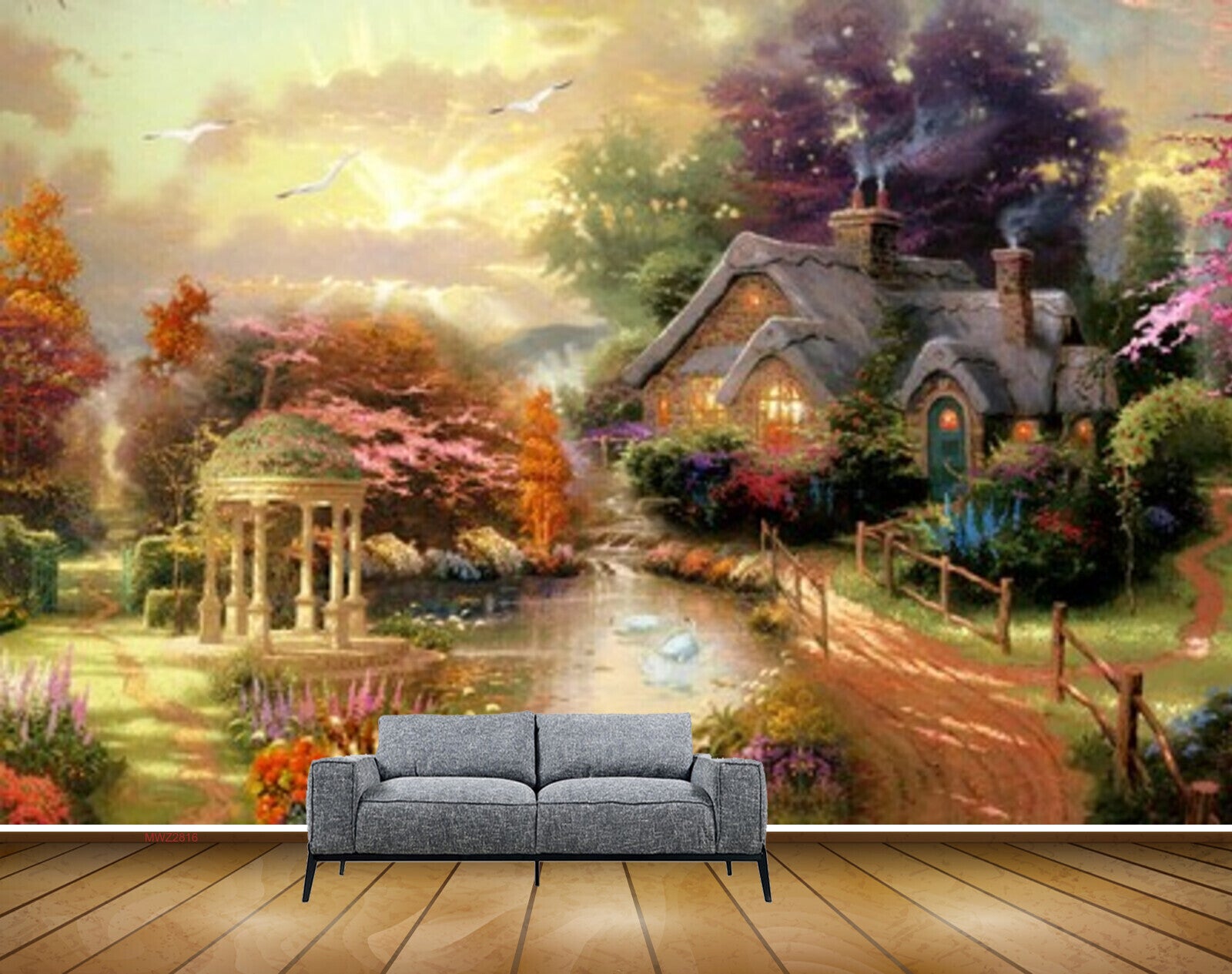 Avikalp MWZ2816 Houses Birds Trees Lake Pond Water Ducks Flowers Off Road Grass Garden Clouds Stones Painting HD Wallpaper