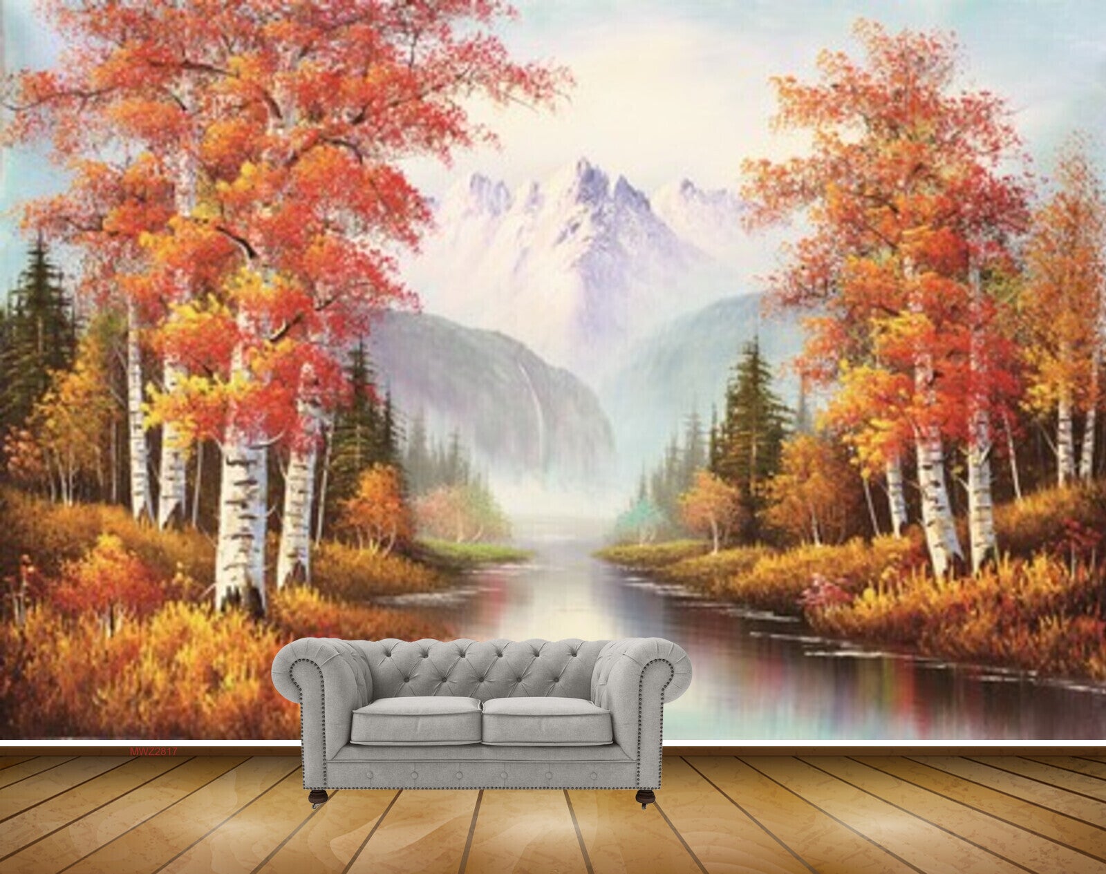 Avikalp MWZ2817 Mountains RIver Lake Water Trees Orange Leaves Grass Plants Paintnig HD Wallpaper