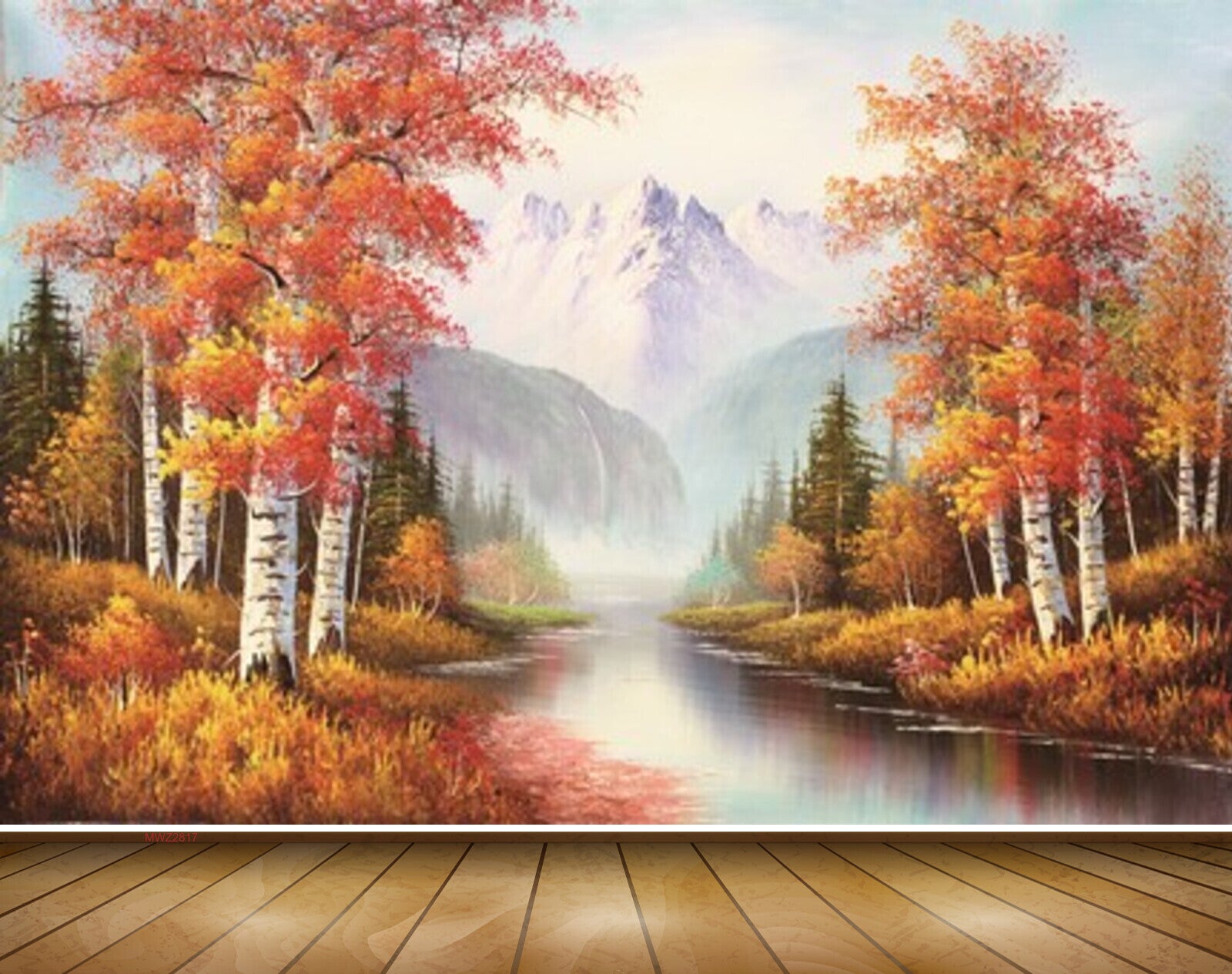 Avikalp MWZ2817 Mountains RIver Lake Water Trees Orange Leaves Grass Plants Paintnig HD Wallpaper