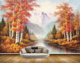 Avikalp MWZ2817 Mountains RIver Lake Water Trees Orange Leaves Grass Plants Paintnig HD Wallpaper