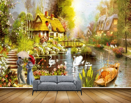 Avikalp MWZ2818 House Trees Lake Pond River Water Ducks Bridge Stones Women Boat Flowers Plants Painting HD Wallpaper