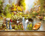 Avikalp MWZ2818 House Trees Lake Pond River Water Ducks Bridge Stones Women Boat Flowers Plants Painting HD Wallpaper