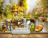 Avikalp MWZ2818 House Trees Lake Pond River Water Ducks Bridge Stones Women Boat Flowers Plants Painting HD Wallpaper