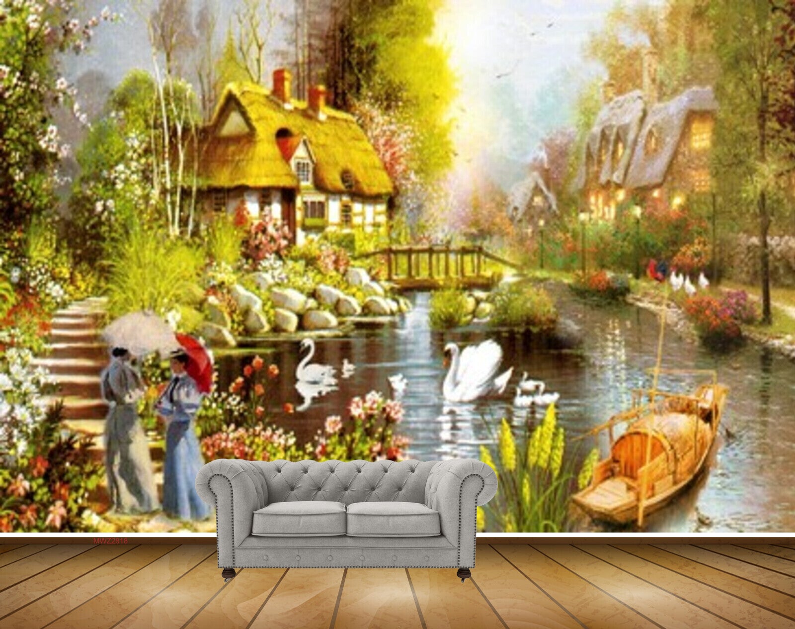 Avikalp MWZ2818 House Trees Lake Pond River Water Ducks Bridge Stones Women Boat Flowers Plants Painting HD Wallpaper
