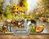 Avikalp MWZ2818 House Trees Lake Pond River Water Ducks Bridge Stones Women Boat Flowers Plants Painting HD Wallpaper