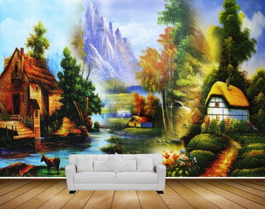 Avikalp MWZ2820 Mountains Trees Lake River Water Houses Flowers Grass Cow Off Road Plants Painting HD Wallpaper